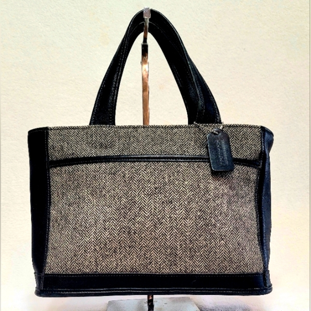 COACH Bleeker 6126 Gray Herringbone Wool Black Leather Tote Vintage 90's RARE!